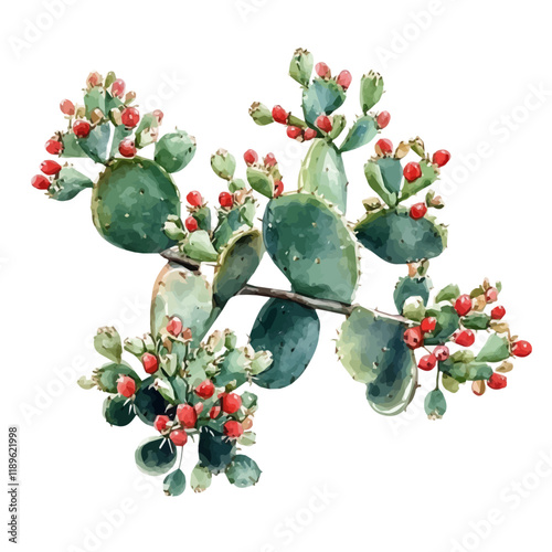 A watercolor drawing of a mistletoe cactus, isolated on a white background. Mistletoe cactus vector.
