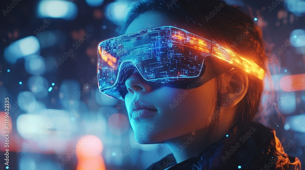 A person wearing advanced AI-powered eyewear engages with a vibrant digital environment. The device facilitates real-time language translation, bridging communication gaps effortlessly A person wearing advanced AI-powered eyewear engages with a vibrant digital environment. The device facilitates real-time language translation, bridging communication gaps effortlessly