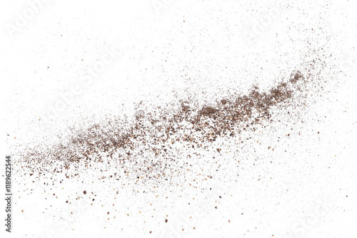 Minced black pepper, ground peppercorn pile flying isolated on white, clipping path