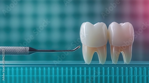 Dental tools and two ceramic teeth on blue grid background photo