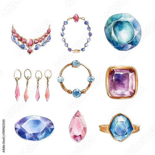 A watercolor vector of a minimalist jewelry set, isolated on a white background. Minimalist jewelry set vector.

