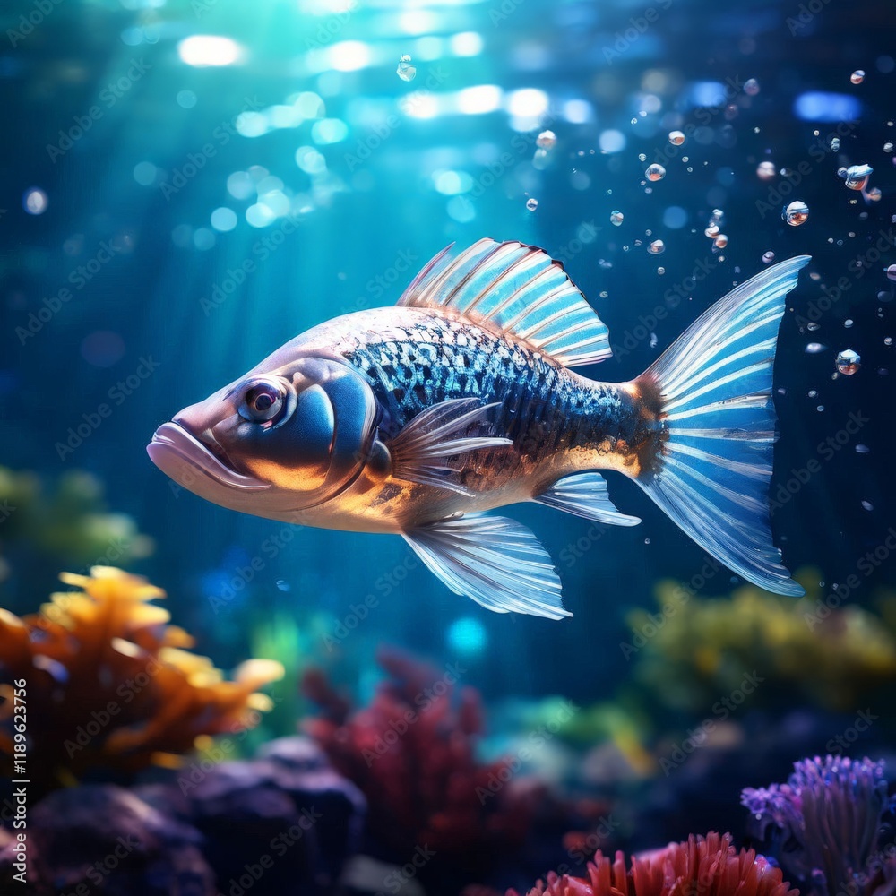 Fototapeta premium aquarium fish in a dark blue water with colorful background