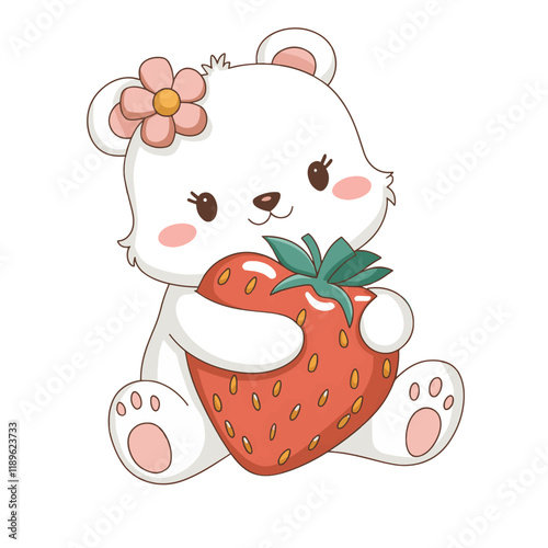 An illustration of a cute white bear with rosy cheeks and a flower on its head. The bear is holding a large strawberry