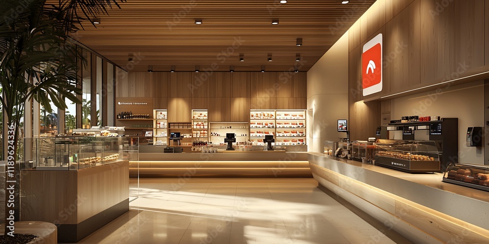 Modern cafe interior with wooden accents and pastry display.