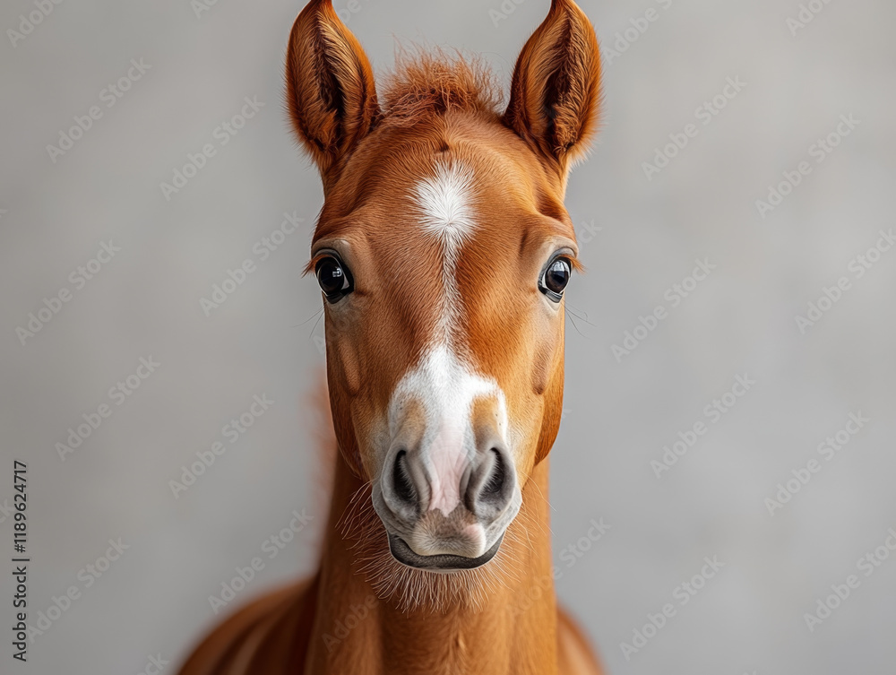 Chestnut foal portrait: A curious, endearing gaze. Chestnut foal portrait: A curious, endearing gaze.