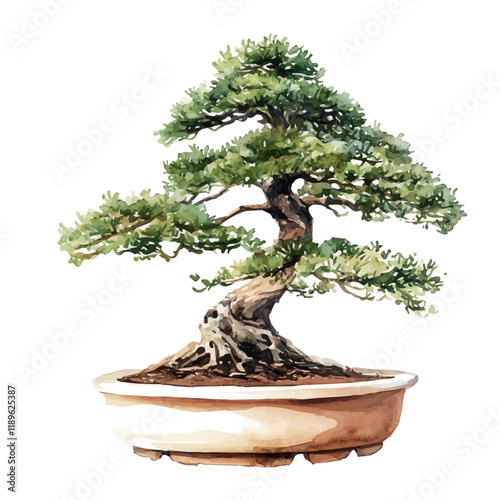 A watercolor vector of a Mediterranean cypress bonsai, isolated on a white background. Mediterranean cypress bonsai vector.

