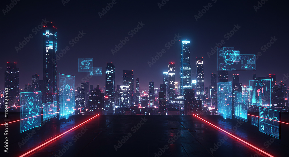 custom made wallpaper toronto digitalFuturistic Cityscape at Night with Holographic Data Displays and Neon Lights