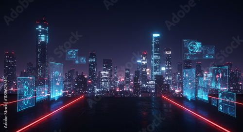 Wallpaper Mural Futuristic Cityscape at Night with Holographic Data Displays and Neon Lights Torontodigital.ca