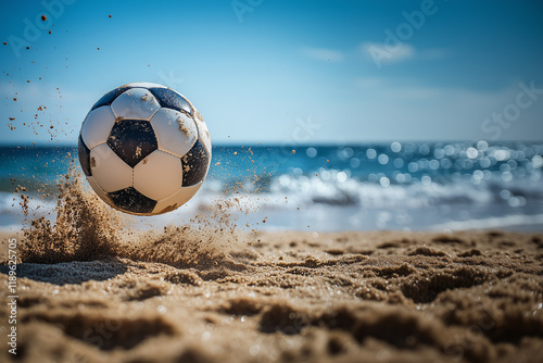 Soccer ball rolling on sandy beach with ocean background and bright sunlight