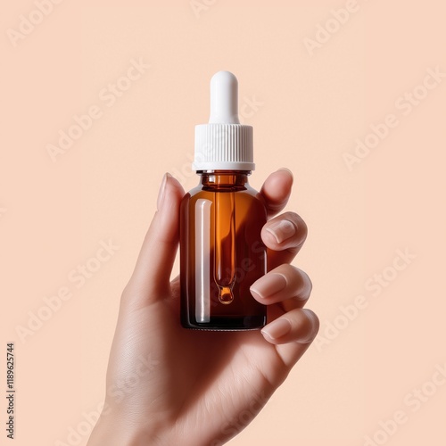 Hand holding glass cosmetic dropper bottle with pipette on soft beige background 