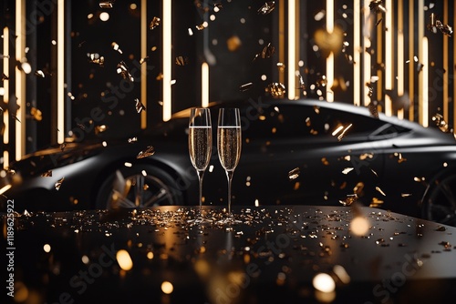 Two champagne flutes filled with bubbly sit on a dark table, scattered with gold confetti, in front of a luxury black car