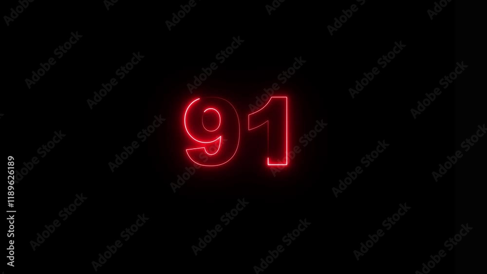 Abstract glowing neon text 91 number countdown icon. Glowing sign on black background Neon number 91 with alpha channel, neon numbers, Appears and disappears. Fiery style. 4k. Seamless loop Abstract glowing neon text 91 number countdown icon. Glowing sign on black background Neon number 91 with alpha channel, neon numbers, Appears and disappears. Fiery style. 4k. Seamless loop