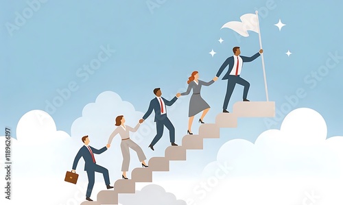 Business Leadership Concept. Vector illustration in flat style of group of diverse people in business outfits walking up the steps following a leader looking ahead. Isolated on background