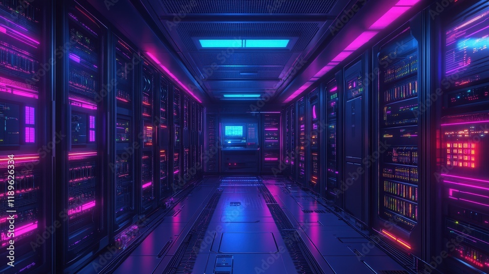 An advanced autonomous data hub features glowing server stacks illuminated in vibrant colors. The high-tech environment highlights sleek architecture and efficient data management at work