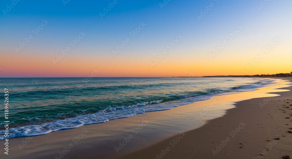 Tranquil Beach at Sunset: Serene Ocean Waves Gently Washing Onto the Sandy Shore Under a Vibrant Sky with Warm Orange and Cool Blue Hues Tranquil Beach at Sunset: Serene Ocean Waves Gently Washing Onto the Sandy Shore Under a Vibrant Sky with Warm Orange and Cool Blue Hues