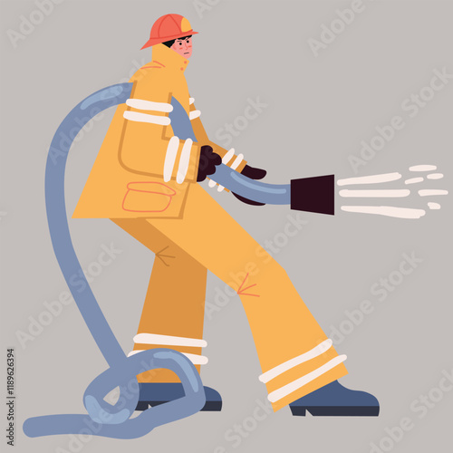 A firefighter holds a hose from which water is pouring. Fire fighting. challenge. Flat vector illustration isolated on gray background.