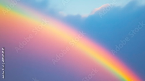 Vibrant rainbow arc in pastel sky after rain.