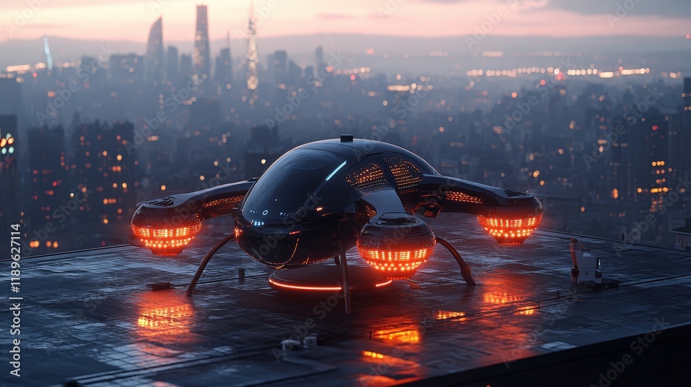 An autonomous delivery drone descends onto a rooftop, its lights glowing against a vibrant urban skyline at dusk, with city buildings silhouetted in the background An autonomous delivery drone descends onto a rooftop, its lights glowing against a vibrant urban skyline at dusk, with city buildings silhouetted in the background