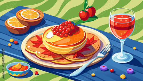 Pancake snack with red Russian caviar and a glass of wine