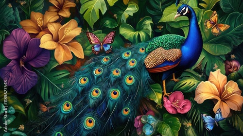 A vibrant peacock amidst colorful flowers and butterflies in a lush tropical setting.