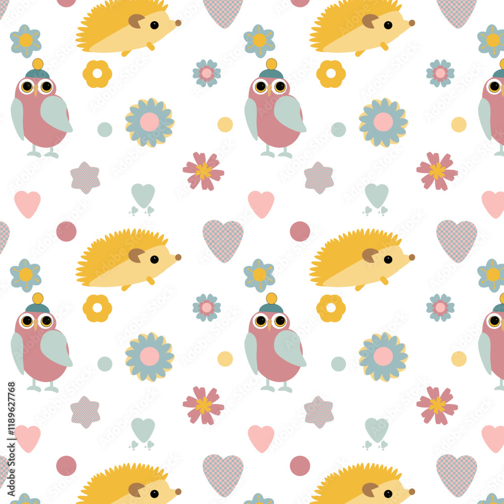 Obraz premium pattern con graziosi animali del bosco, gufo, riccio e fiiorellini, colori pastello