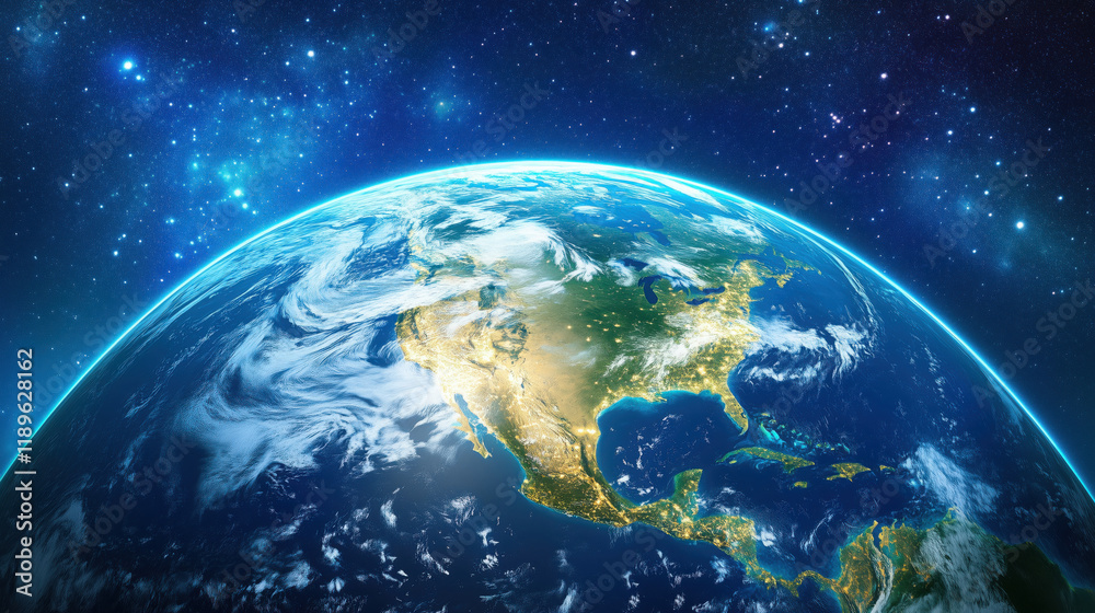 Obraz premium Detailed View of Earth from Space During the Night, with Artificial Lights Highlighting Countries and Regions, Set Against the Infinite Expanse of Space