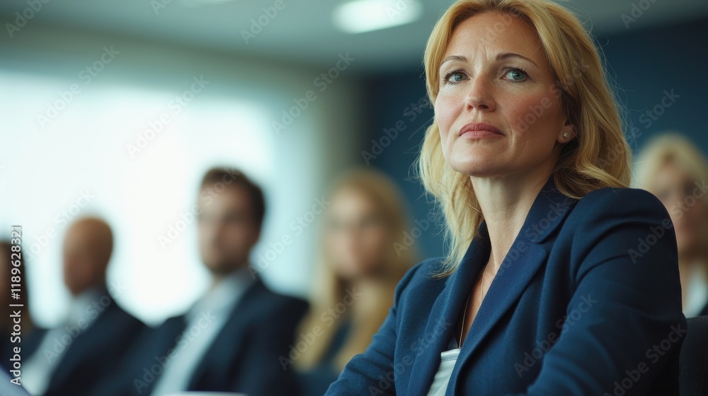 Professional woman presenting ideas in blue attire during business meeting office environment engaging viewpoint Professional woman presenting ideas in blue attire during business meeting office environment engaging viewpoint