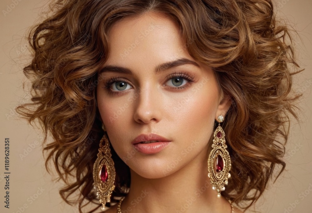 A woman with voluminous, curly hair wearing elegant gold earrings against a soft, neutral background. A woman with voluminous, curly hair wearing elegant gold earrings against a soft, neutral background.