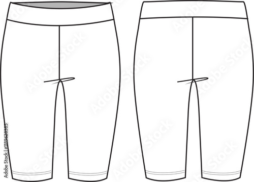 Unisex Cycling Shorts- Technical fashion illustration. Front and back, white colour. Unisex CAD mock-up.