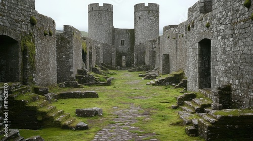 Ruins of a medieval castle in Wales, overgrown with moss.  Historical tourism photo