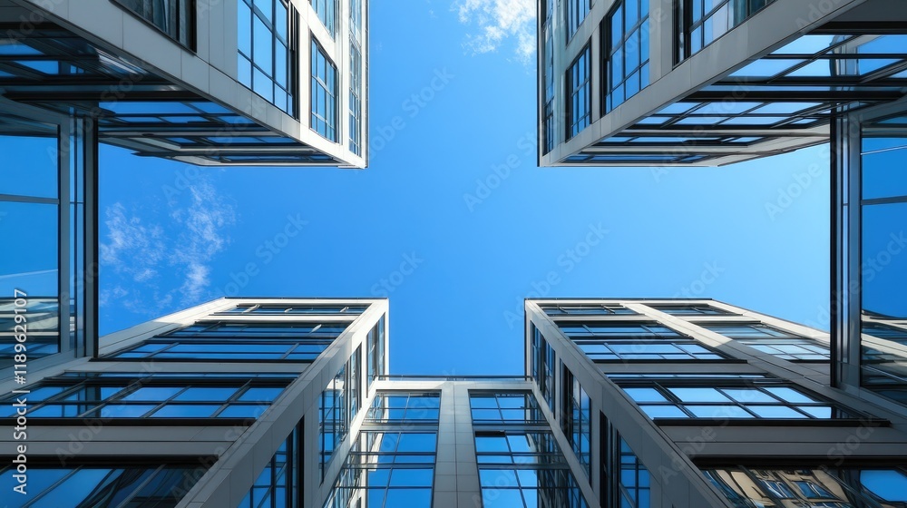 Fototapeta premium Modern Architecture: Four Skyscrapers Reaching for the Sky