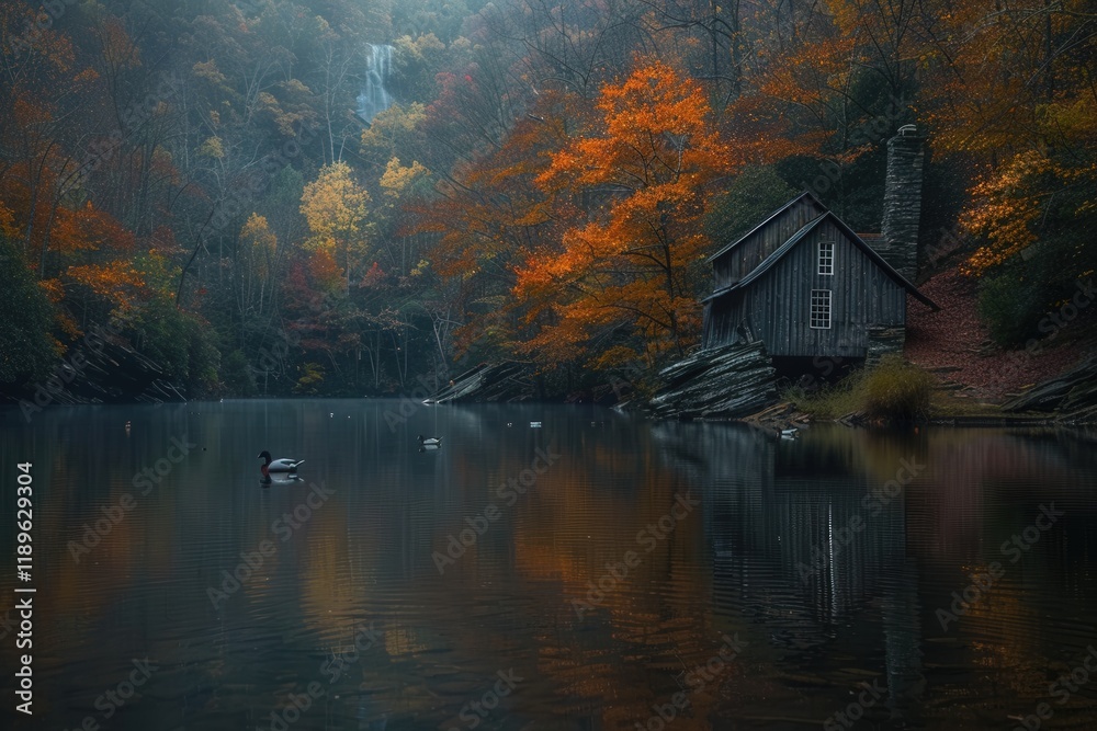 Fototapeta premium A small cabin is on the shore of a lake