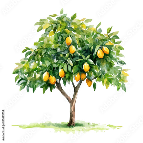 A watercolor painting of a mango tree, isolated on a white background. Mango tree vector.
