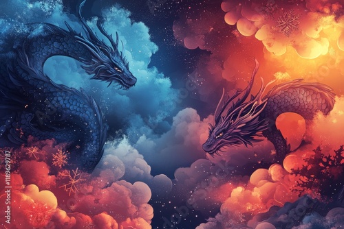 Two majestic dragons, one blue and one red, face each other amidst a cosmic dreamscape of swirling clouds and snowflakes