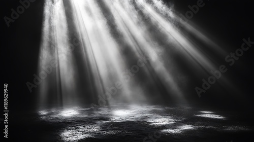 Dramatic light rays illuminate a dark, textured floor.