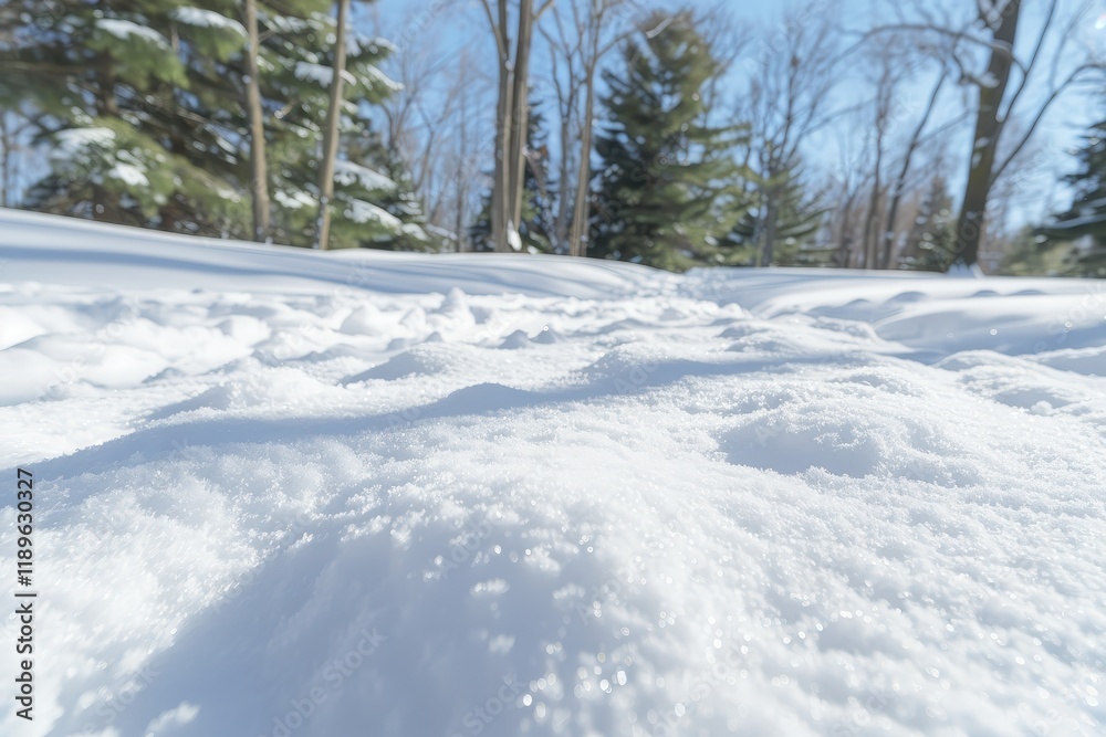 Fototapeta premium A snow covered field with trees in the background