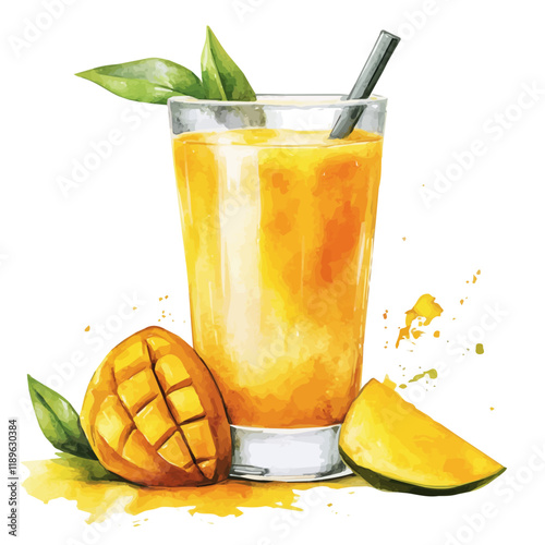 A watercolor painting of mango juice, isolated on a white background. Mango juice vector.
