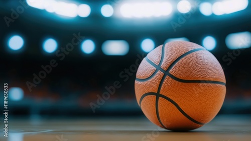 Close-up view of basketball on court. Blurry background shows arena lights. Sporty atmosphere emphasized. Action practice implied. Vivid orange ball lies on court. Pro sports environment. Potential
