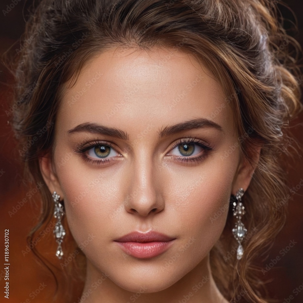 Fototapeta premium A woman with curly hair and sparkling earrings, set against a warm, blurred background. Her expression is soft and elegant.