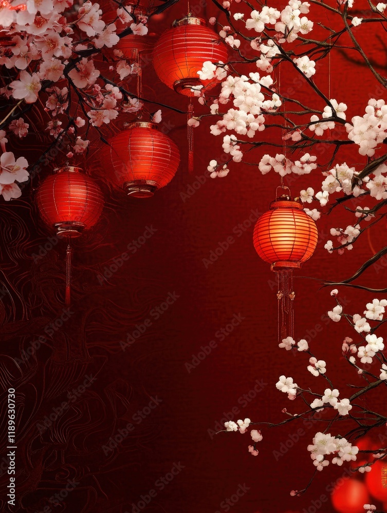 Fototapeta premium Festive Red Lanterns Cherry Blossoms Chinese New Year Background