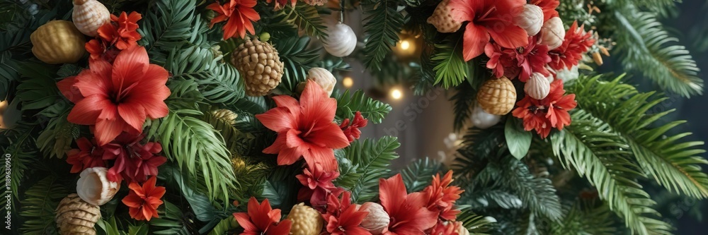 Tropical flower wreath on a Christmas tree with seashells and tropical leaves, seashell wreath, winter wonderland flowers, shell decorated wreath Tropical flower wreath on a Christmas tree with seashells and tropical leaves, seashell wreath, winter wonderland flowers, shell decorated wreath