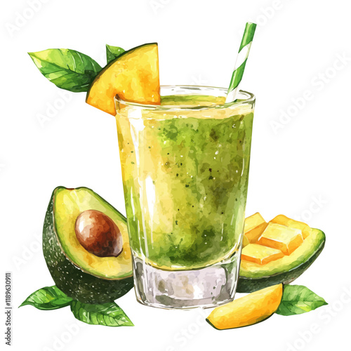 A watercolor painting of mango avocado juice, isolated on a white background. Mango avocado juice vector.
