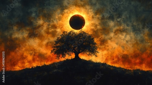 Lonely tree silhouette under solar eclipse during a fiery sunset