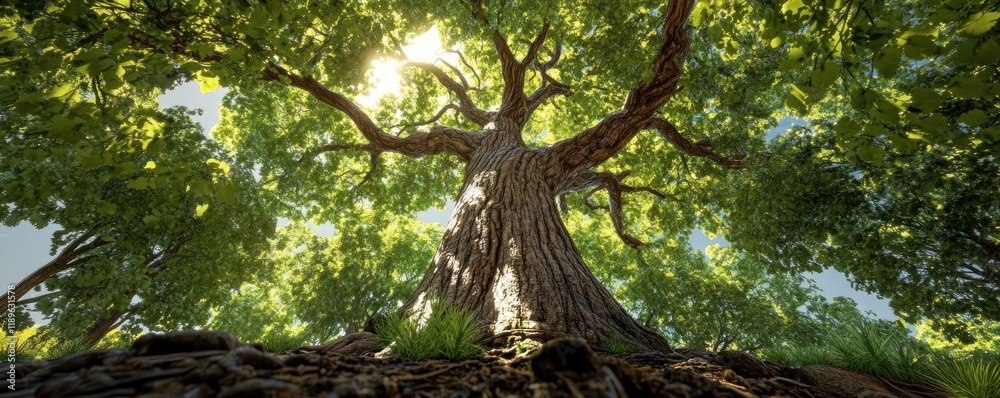 Naklejka premium Majestic Tree in Sunlit Forest Canopy A Towering Beauty Surrounded by Nature's Light