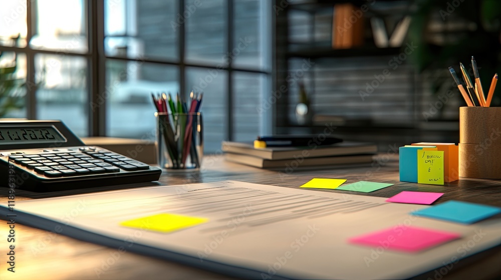 Fototapeta premium An elegant accounting report displayed on a modern desk, surrounded by colorful sticky notes and a calculator.