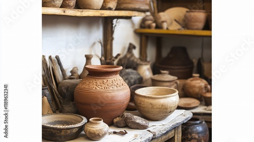 Ancient Pottery Collection Rustic Clay Jars and Bowls photo