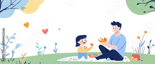 Father and child enjoying a picnic in a park setting with nature elements