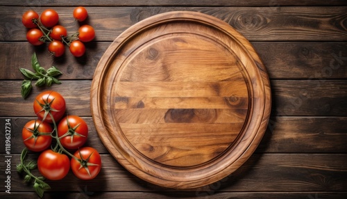 Fresh ripe tomatoes on a wooden table with a natural background
