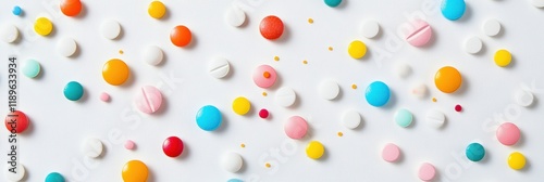 Colorful pills and capsules scattered on a white surface in a creative arrangement showcasing variety and vibrant hues. Generative AI