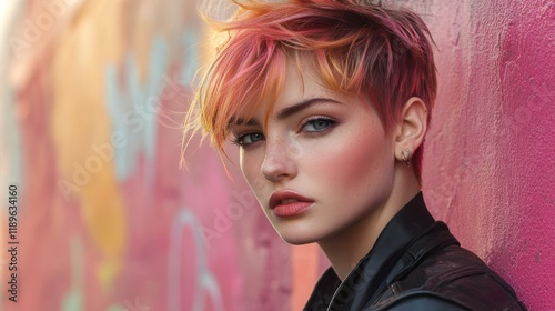 Close-up portrait of a young woman with vibrant pink and orange short hair, wearing a black leather jacket, against a graffiti wall.